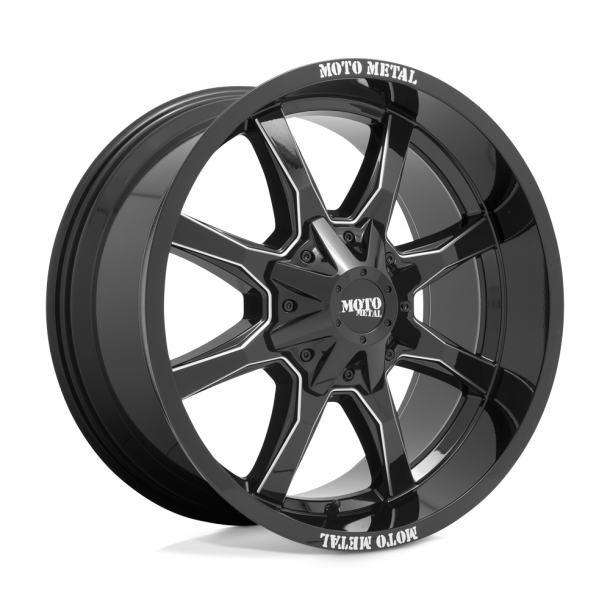 MOTO Metal MO970 Gloss Black w/ Milled Spoke & Moto Metal On Lip 16X8 6X135 (BS 4.50) CB 106.10