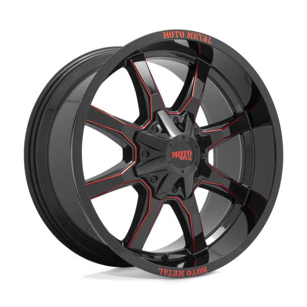 MOTO Metal MO970 Gloss Black Milled w/ Red Tint & Moto Metal On Lip 20X10 8X165.1 (BS 4.79) CB 125.10