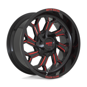 MOTO Metal MO999 Gloss Black Milled w/ Red Tint 20X10 5X139.7 (BS 4.79) CB 78.10