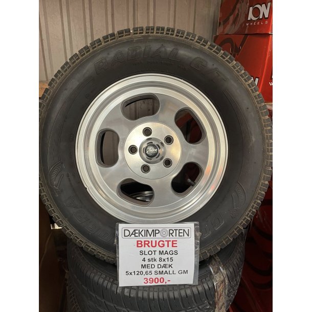 4 ea 8x15 USED Slot Mag wheels w.tires ( no good ) Small GM 5x120,65